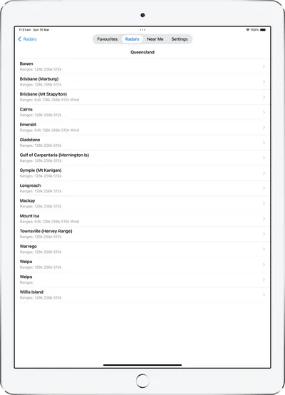 BOM radar station list on iPad organised by state