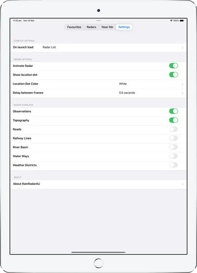 App settings on iPad with radar overlay options