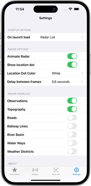 App settings screen with radar overlay and display options